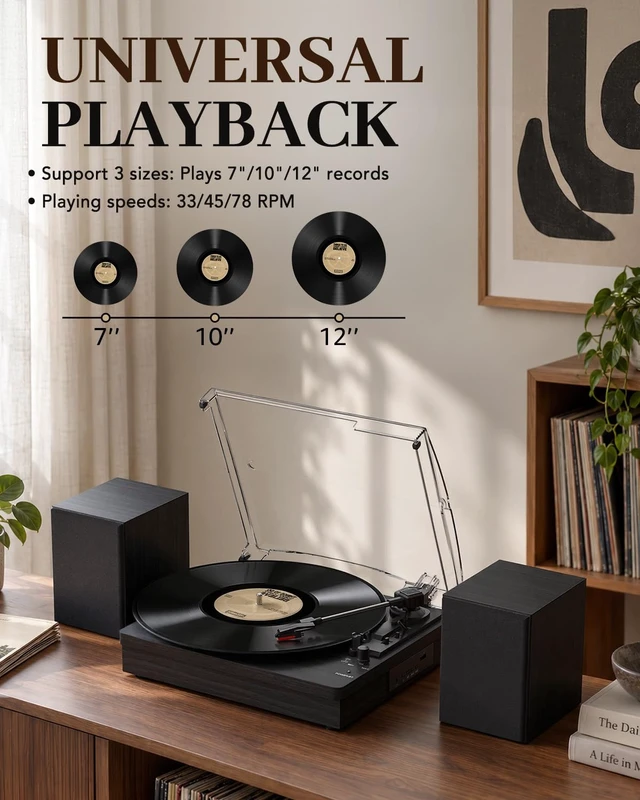 Alt view image 2 of 7 - ® Record Player with Speakers, 3-Speed Bluetooth Turntable Belt-Driven, Bluetooth Input, USB Playback, Auto Stop, AUX Headphone Input and RCA Out, Plays 7/10/12" Records, 33/45/78 RPM