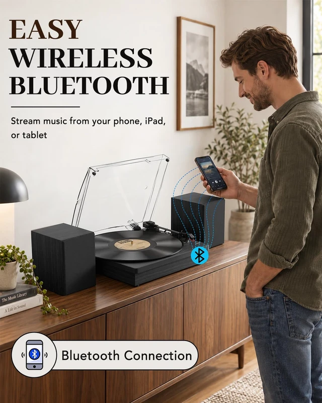 Alt view image 4 of 7 - ® Record Player with Speakers, 3-Speed Bluetooth Turntable Belt-Driven, Bluetooth Input, USB Playback, Auto Stop, AUX Headphone Input and RCA Out, Plays 7/10/12" Records, 33/45/78 RPM
