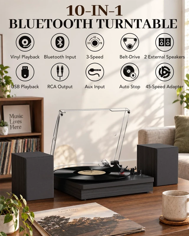 Alt view image 5 of 7 - ® Record Player with Speakers, 3-Speed Bluetooth Turntable Belt-Driven, Bluetooth Input, USB Playback, Auto Stop, AUX Headphone Input and RCA Out, Plays 7/10/12" Records, 33/45/78 RPM