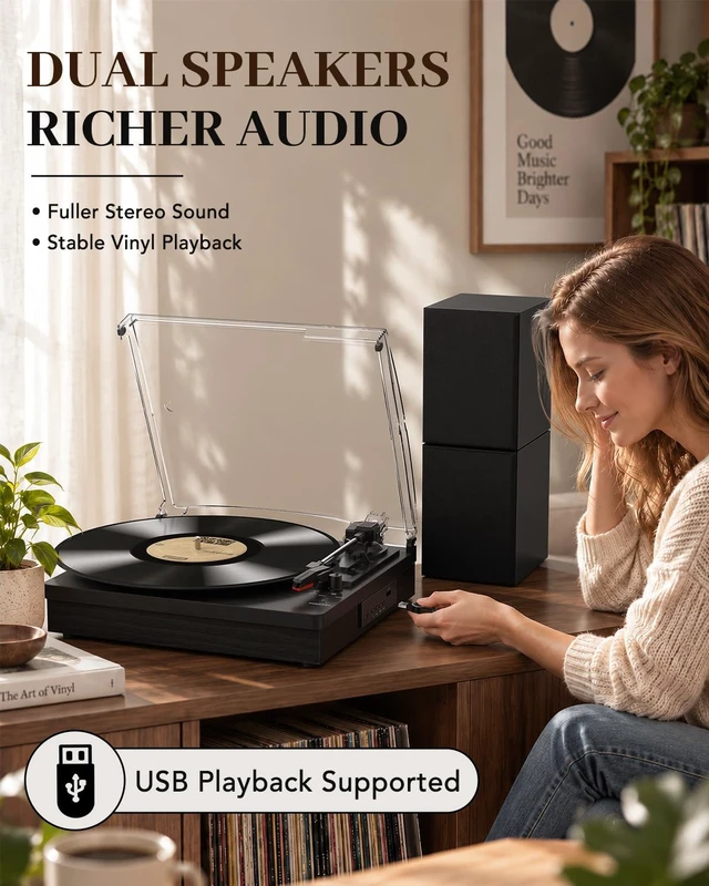 Alt view image 6 of 7 - ® Record Player with Speakers, 3-Speed Bluetooth Turntable Belt-Driven, Bluetooth Input, USB Playback, Auto Stop, AUX Headphone Input and RCA Out, Plays 7/10/12" Records, 33/45/78 RPM