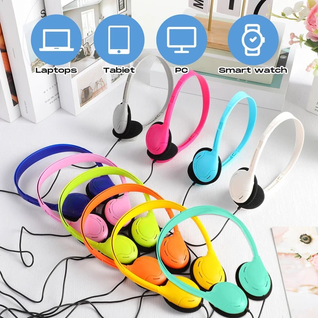 Alt view image 4 of 7 - 30 Pack Over Ear Headphones Corded Bulk Set 3.5mm,Macaron Color On Ear Headsets Adjustable Earphones with Cord for Library Computer Lab Online Lesson Group Testing