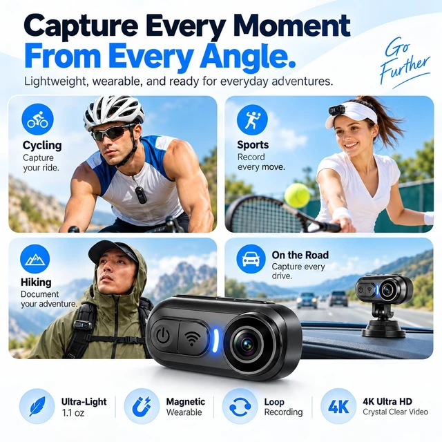 Alt view image 2 of 6 - 4K Mini Wearable Body Camera - 64GB Magnetic Thumb-Size Action Cam, 6-Axis Stabilization, Audio/Video Recording, Hands-Free POV for Vloggers, Hikers, Workers, Cycling, Travel & Daily Use