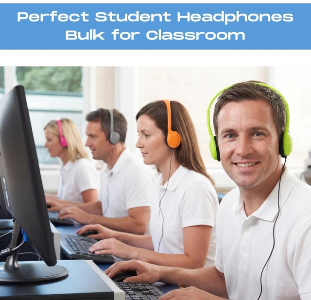 Alt view image 5 of 7 - 30 Pack Over Ear Headphones Corded Bulk Set 3.5mm,Macaron Color On Ear Headsets Adjustable Earphones with Cord for Library Computer Lab Online Lesson Group Testing