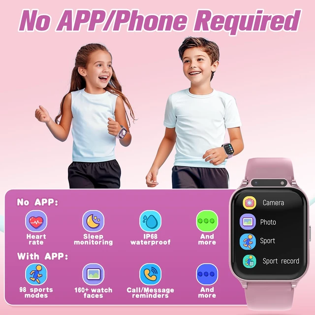 Alt view image 6 of 7 - Smart Watch for Kids 1.85" with Fitness Tracker, IP68 Waterproof Sleep Monitor, 22/100+ Sport Modes, DIY Dial, Step Counter, Heart Rate, Camera, With/No APP, Gift for 3-12 Years Old Girl