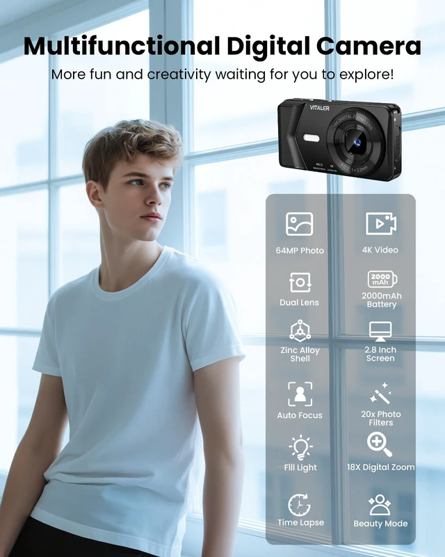 Alt view image 3 of 7 - Digital Camera 4K Vlogging, Autofocus 48MP and 32G Card,Metal Shell, Black Built-in 2000mAh Battery, Non-Slip Handle,48MP with Flash, 2.8" Screen, 18X Zoom for Beginner Teens Kids,Party & Travel