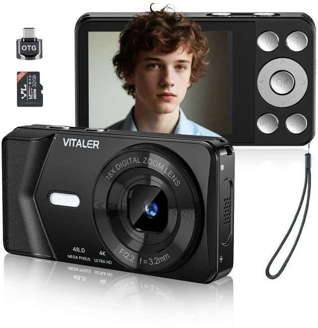 Main image of Digital Camera 4K Vlogging, Autofocus 48MP and 32G Card,Metal Shell, Black Built-in 2000mAh Battery, Non-Slip Handle,48MP with Flash, 2.8" Screen, 18X Zoom for Beginner Teens Kids,Party & Travel