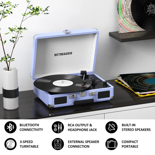 Alt view image 3 of 7 - Vinyl Record Player 3 Speed Bluetooth Portable Suitcase Belt-Driven Record Player with 2 Built-in Stereo Speakers Vinyl Vintage Turntable Records Player with RCA Line Out, AUX Out (Purple)