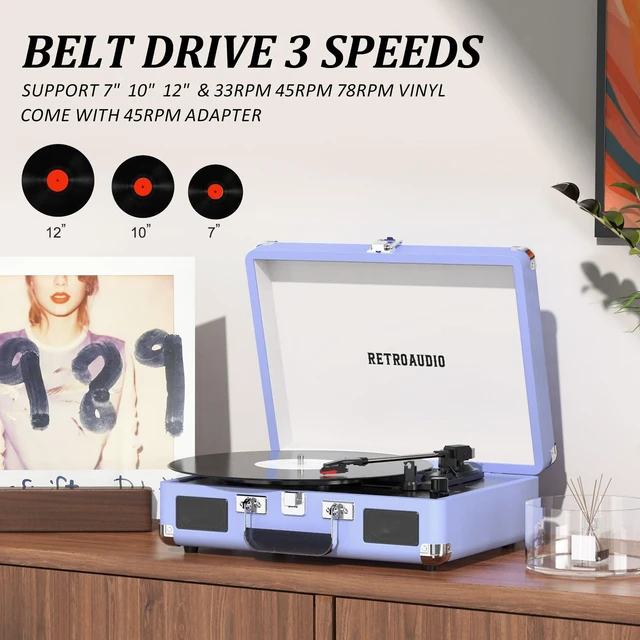 Alt view image 4 of 7 - Vinyl Record Player 3 Speed Bluetooth Portable Suitcase Belt-Driven Record Player with 2 Built-in Stereo Speakers Vinyl Vintage Turntable Records Player with RCA Line Out, AUX Out (Purple)