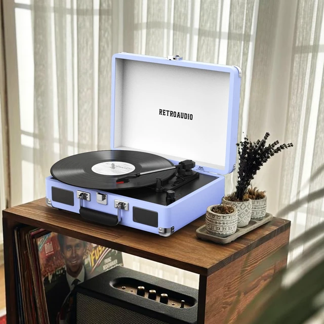 Alt view image 6 of 7 - Vinyl Record Player 3 Speed Bluetooth Portable Suitcase Belt-Driven Record Player with 2 Built-in Stereo Speakers Vinyl Vintage Turntable Records Player with RCA Line Out, AUX Out (Purple)