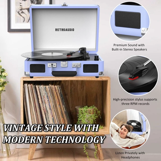 Alt view image 5 of 7 - Vinyl Record Player 3 Speed Bluetooth Portable Suitcase Belt-Driven Record Player with 2 Built-in Stereo Speakers Vinyl Vintage Turntable Records Player with RCA Line Out, AUX Out (Purple)