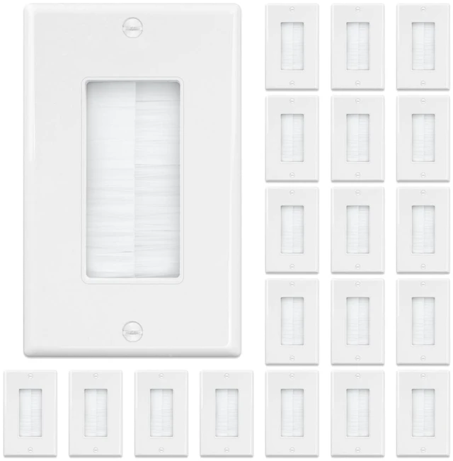 Main image of Brush Wall Plate (20 Pack), Cable Pass Through Plate, White Insert for Low Voltage Cables Wires, Single Gang Cable Access Strap, Wall Socket for HDTV, Home Theater Systems