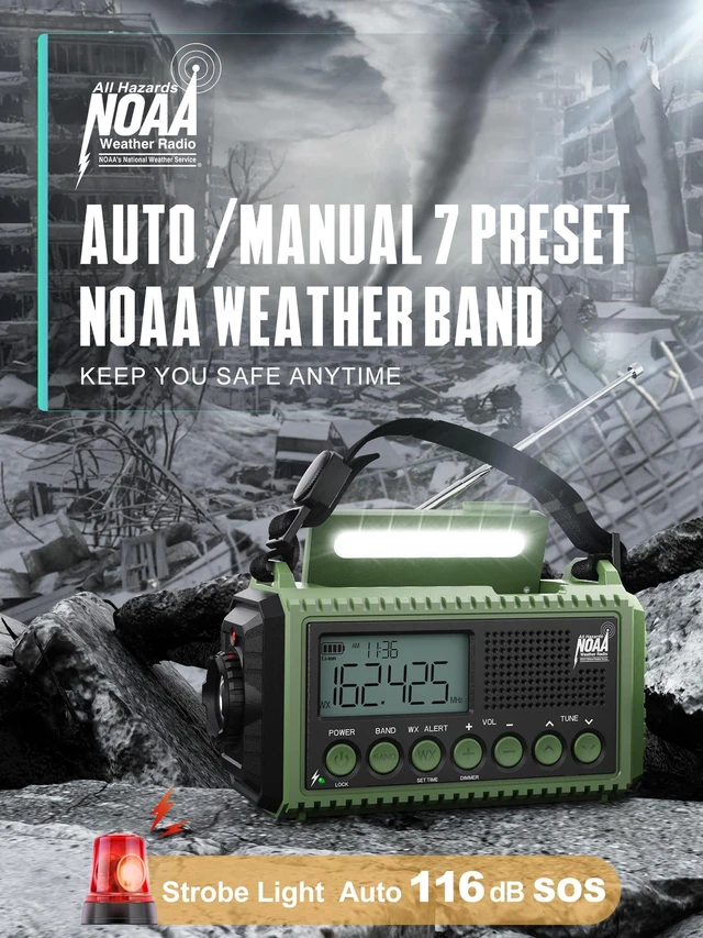Alt view image 2 of 7 - 12000mAh Emergency Radio - AUTO NOAA Weather Alert, Solar Hand Crank AM/FM/SW/NOAA, Flashlight, Phone Charger, SOS Siren, Survival Kit for Camping, Storms, Power Outages
