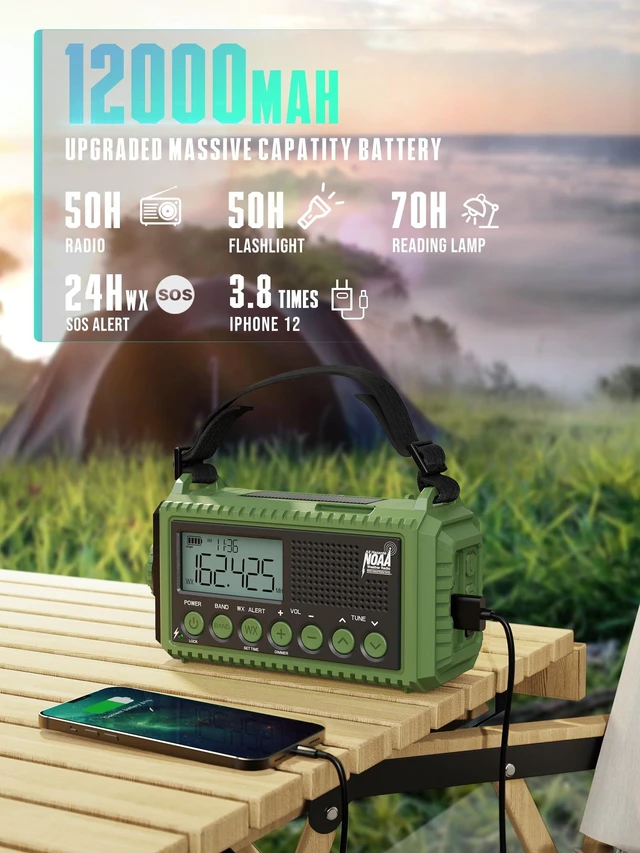 Alt view image 3 of 7 - 12000mAh Emergency Radio - AUTO NOAA Weather Alert, Solar Hand Crank AM/FM/SW/NOAA, Flashlight, Phone Charger, SOS Siren, Survival Kit for Camping, Storms, Power Outages