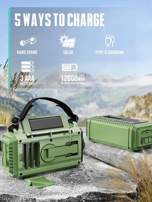 Alt view image 4 of 7 - 12000mAh Emergency Radio - AUTO NOAA Weather Alert, Solar Hand Crank AM/FM/SW/NOAA, Flashlight, Phone Charger, SOS Siren, Survival Kit for Camping, Storms, Power Outages