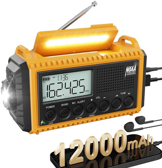 Main image of Emergency Radio 12000mAh - NOAA Weather Alert Radio with Auto-Scan & SOS Alarm, Solar Hand Crank 6-Way Power, Flashlight, Reading Lamp for Outdoor, Hiking, Emergencies