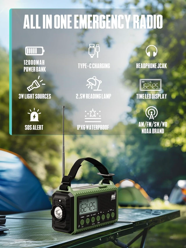 Alt view image 6 of 7 - 12000mAh Emergency Radio - AUTO NOAA Weather Alert, Solar Hand Crank AM/FM/SW/NOAA, Flashlight, Phone Charger, SOS Siren, Survival Kit for Camping, Storms, Power Outages