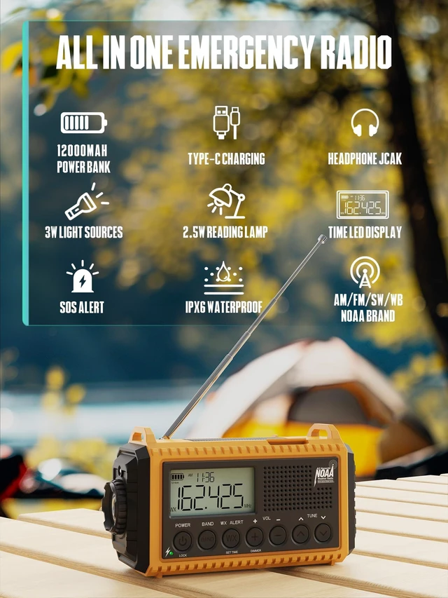 Alt view image 3 of 7 - Emergency Radio 12000mAh - NOAA Weather Alert Radio with Auto-Scan & SOS Alarm, Solar Hand Crank 6-Way Power, Flashlight, Reading Lamp for Outdoor, Hiking, Emergencies