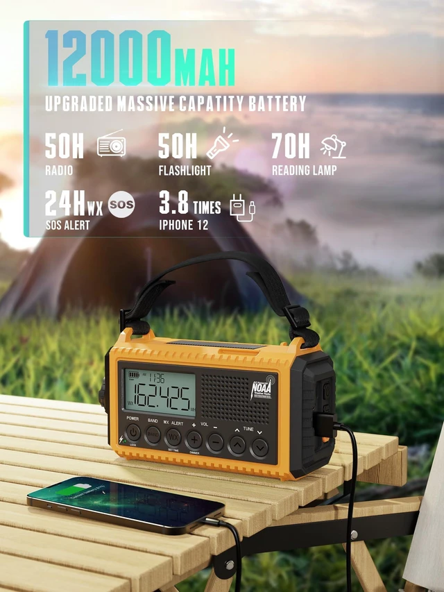 Alt view image 4 of 7 - Emergency Radio 12000mAh - NOAA Weather Alert Radio with Auto-Scan & SOS Alarm, Solar Hand Crank 6-Way Power, Flashlight, Reading Lamp for Outdoor, Hiking, Emergencies
