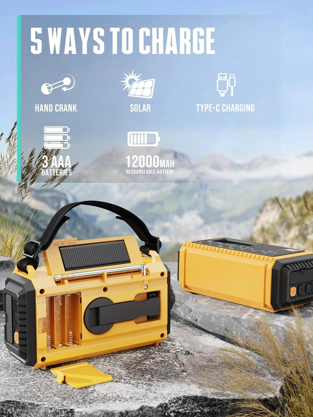 Alt view image 6 of 7 - Emergency Radio 12000mAh - NOAA Weather Alert Radio with Auto-Scan & SOS Alarm, Solar Hand Crank 6-Way Power, Flashlight, Reading Lamp for Outdoor, Hiking, Emergencies