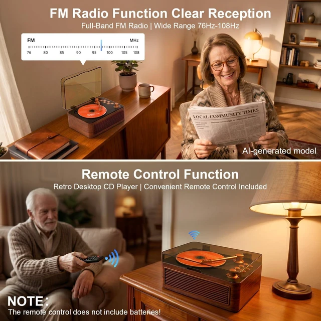 Alt view image 5 of 7 - CD Player Portable Bluetooth Retro CD Players Rechargeable 3600mAh Vintage CD-Player with Dual Speakers Hifi Sound & Radio & Remote Control Support USB/AUX Playback Headphone Jack
