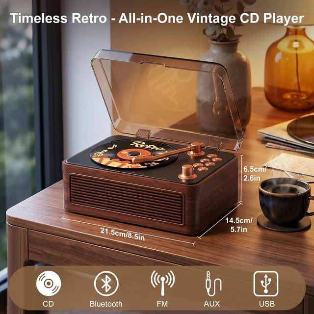 Alt view image 7 of 7 - CD Player Portable Bluetooth Retro CD Players Rechargeable 3600mAh Vintage CD-Player with Dual Speakers Hifi Sound & Radio & Remote Control Support USB/AUX Playback Headphone Jack