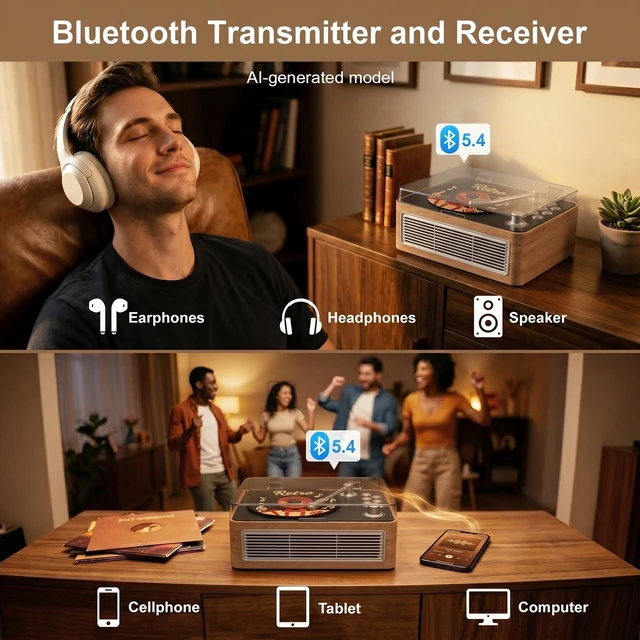 Alt view image 3 of 7 - CD Player Portable Bluetooth Retro CD Players Rechargeable 3600mAh Vintage CD-Player with Dual Speakers Hifi Sound & Radio & Remote Control Support USB/AUX Playback Headphone Jack
