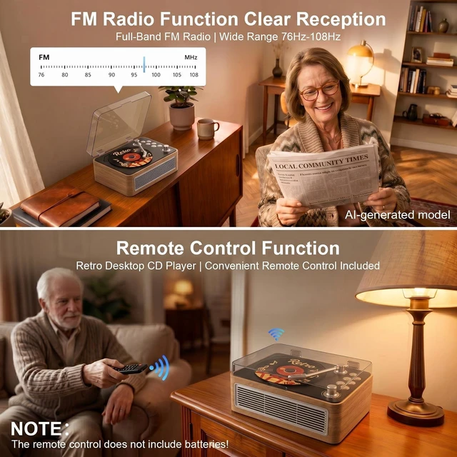 Alt view image 4 of 7 - CD Player Portable Bluetooth Retro CD Players Rechargeable 3600mAh Vintage CD-Player with Dual Speakers Hifi Sound & Radio & Remote Control Support USB/AUX Playback Headphone Jack