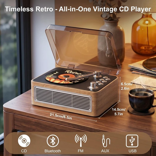 Alt view image 6 of 7 - CD Player Portable Bluetooth Retro CD Players Rechargeable 3600mAh Vintage CD-Player with Dual Speakers Hifi Sound & Radio & Remote Control Support USB/AUX Playback Headphone Jack