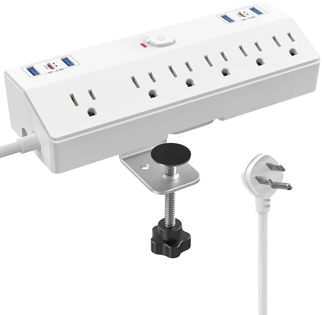 Main image of 40W Fast Charging Station, Desk Clamp Power Strip 10FT Extension Cord, Removable Desk Mount Flat Plug Power Strip Surge Protector, 2 USB-C Ports, 6 Outlets, Fits 1.8" Tabletop Edge
