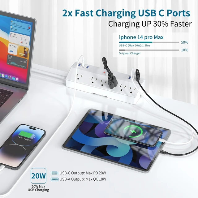 Alt view image 2 of 7 - 40W Fast Charging Station, Desk Clamp Power Strip 10FT Extension Cord, Removable Desk Mount Flat Plug Power Strip Surge Protector, 2 USB-C Ports, 6 Outlets, Fits 1.8" Tabletop Edge