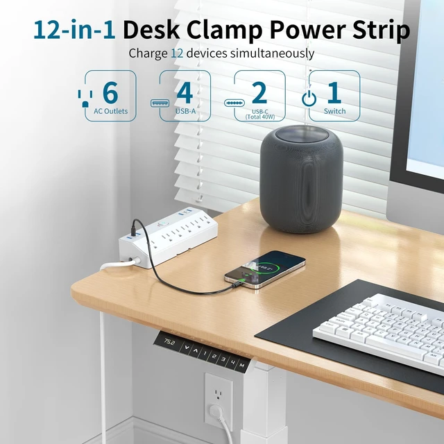 Alt view image 3 of 7 - 40W Fast Charging Station, Desk Clamp Power Strip 10FT Extension Cord, Removable Desk Mount Flat Plug Power Strip Surge Protector, 2 USB-C Ports, 6 Outlets, Fits 1.8" Tabletop Edge