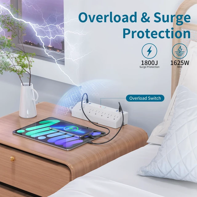 Alt view image 4 of 7 - 40W Fast Charging Station, Desk Clamp Power Strip 10FT Extension Cord, Removable Desk Mount Flat Plug Power Strip Surge Protector, 2 USB-C Ports, 6 Outlets, Fits 1.8" Tabletop Edge