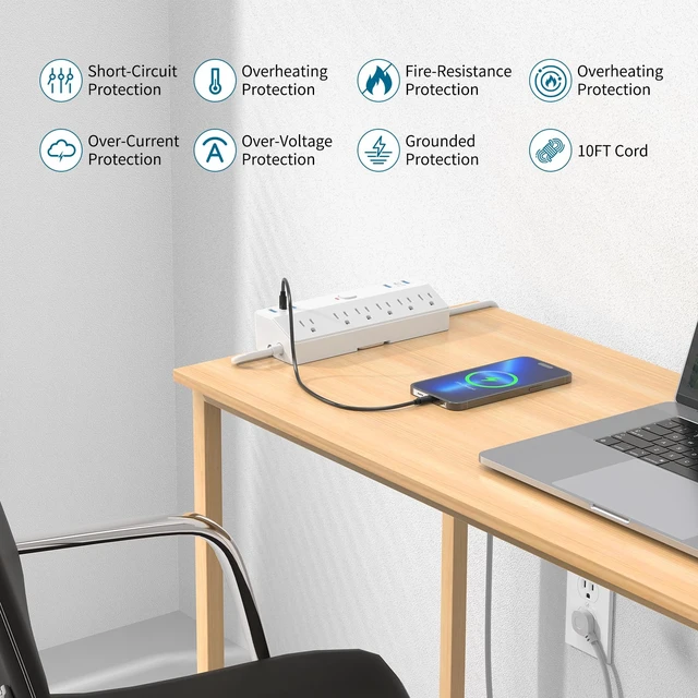 Alt view image 7 of 7 - 40W Fast Charging Station, Desk Clamp Power Strip 10FT Extension Cord, Removable Desk Mount Flat Plug Power Strip Surge Protector, 2 USB-C Ports, 6 Outlets, Fits 1.8" Tabletop Edge