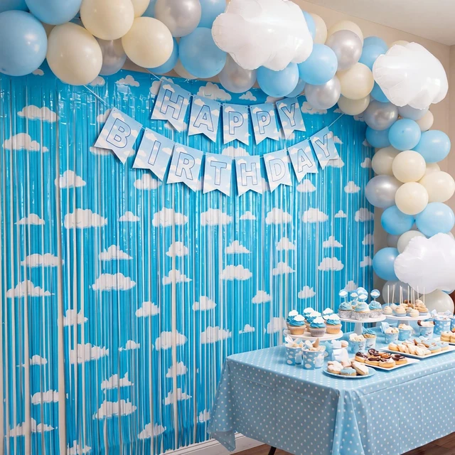 Alt view image 6 of 7 - 10 Pack Blue Sky White Clouds Party Supplies,Toy Birthday Decor Kids Cartoon Supply, Tinsel Foil Fringe Curtains, Photo Booth Decorations, Easy Setup, Suitable Size 3.3 x 6.6 ft