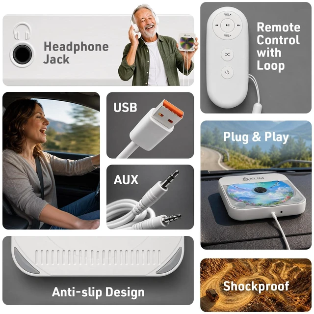 Alt view image 3 of 7 - Car CD Player, Portable External Disc Drive, USB, AUX, Anti-Skip Plug and Play Setup, No Installation Needed, Works with Most Vehicles, Laptops Too, Remote Included - White