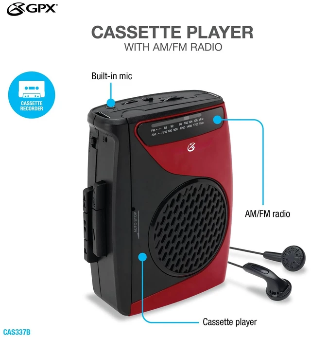 Alt view image 2 of 7 - Portable Cassette Player, Compatible With Headphone, 3.54 x 1.57 x 4.72 Inches, Requires 2 AA Batteries - Not Included, Red/Black (CAS337B) Black/Red