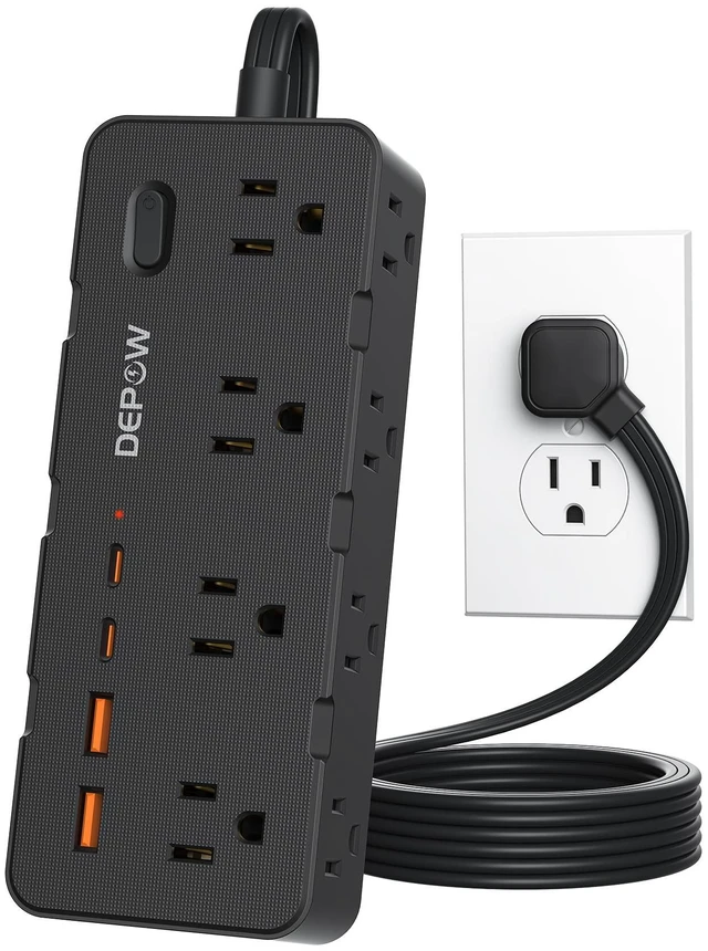Main image of 3 FT Power Strip, Extension Cord with 8 AC Outlets + 4 USB (2 USB-C), Black Flat Plug, Compact 3FT Flat Cord Keeps Desktop Neat. 1700J Surge Protection, 1625W, Great for Home Office, Dorm, Nightstand