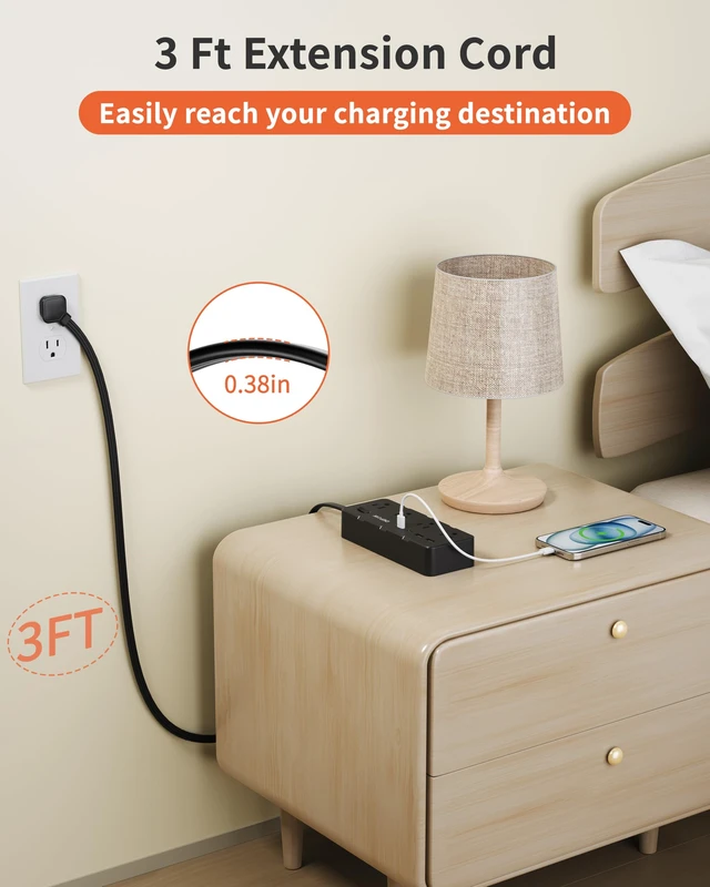 Alt view image 3 of 7 - 3 FT Power Strip, Extension Cord with 8 AC Outlets + 4 USB (2 USB-C), Black Flat Plug, Compact 3FT Flat Cord Keeps Desktop Neat. 1700J Surge Protection, 1625W, Great for Home Office, Dorm, Nightstand