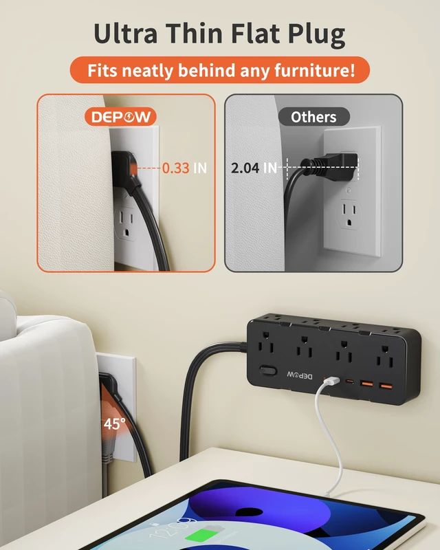 Alt view image 4 of 7 - 3 FT Power Strip, Extension Cord with 8 AC Outlets + 4 USB (2 USB-C), Black Flat Plug, Compact 3FT Flat Cord Keeps Desktop Neat. 1700J Surge Protection, 1625W, Great for Home Office, Dorm, Nightstand