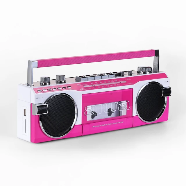 Main image of Streetjam Retro Boombox Cassette Player & Recorder, Bluetooth 5.3 Wireless Speaker, FM/AM Radio, USB/SD MP3, AUX, Portable Handle (Pink/White)