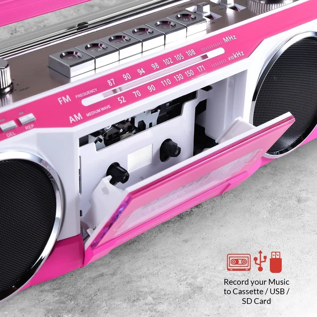 Alt view image 2 of 7 - Streetjam Retro Boombox Cassette Player & Recorder, Bluetooth 5.3 Wireless Speaker, FM/AM Radio, USB/SD MP3, AUX, Portable Handle (Pink/White)