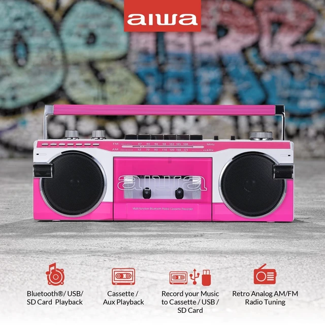 Alt view image 3 of 7 - Streetjam Retro Boombox Cassette Player & Recorder, Bluetooth 5.3 Wireless Speaker, FM/AM Radio, USB/SD MP3, AUX, Portable Handle (Pink/White)