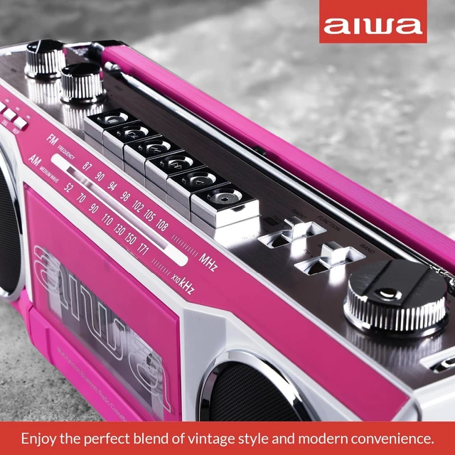 Alt view image 4 of 7 - Streetjam Retro Boombox Cassette Player & Recorder, Bluetooth 5.3 Wireless Speaker, FM/AM Radio, USB/SD MP3, AUX, Portable Handle (Pink/White)