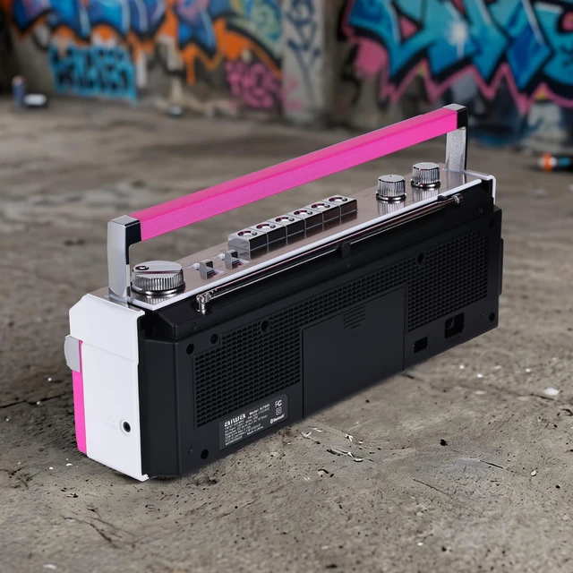 Alt view image 5 of 7 - Streetjam Retro Boombox Cassette Player & Recorder, Bluetooth 5.3 Wireless Speaker, FM/AM Radio, USB/SD MP3, AUX, Portable Handle (Pink/White)