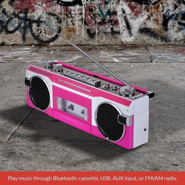 Alt view image 6 of 7 - Streetjam Retro Boombox Cassette Player & Recorder, Bluetooth 5.3 Wireless Speaker, FM/AM Radio, USB/SD MP3, AUX, Portable Handle (Pink/White)