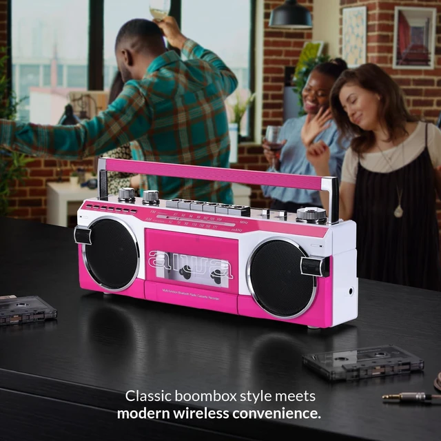 Alt view image 7 of 7 - Streetjam Retro Boombox Cassette Player & Recorder, Bluetooth 5.3 Wireless Speaker, FM/AM Radio, USB/SD MP3, AUX, Portable Handle (Pink/White)