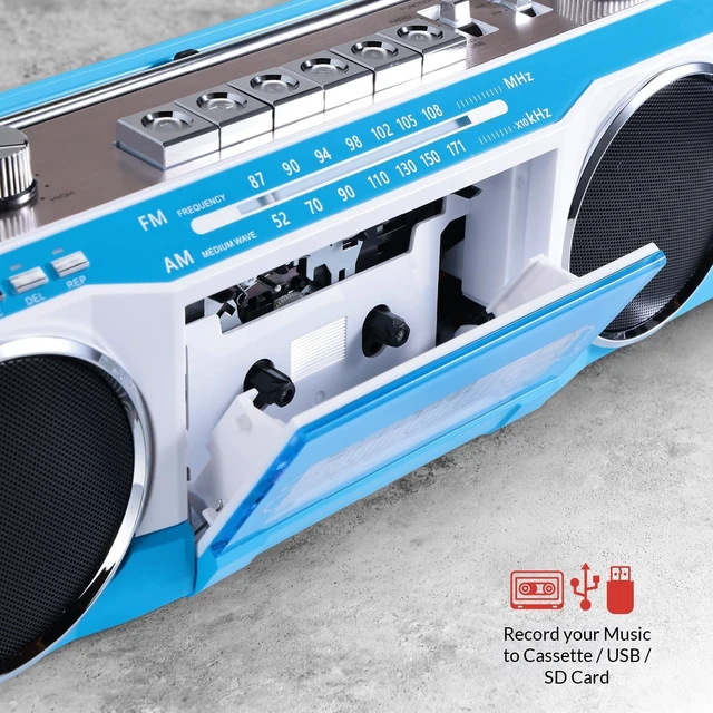 Alt view image 2 of 7 - Streetjam Retro Boombox Cassette Player & Recorder, Bluetooth 5.3 Wireless Speaker, FM/AM Radio, USB/SD MP3, AUX, Portable Handle (Blue/White)