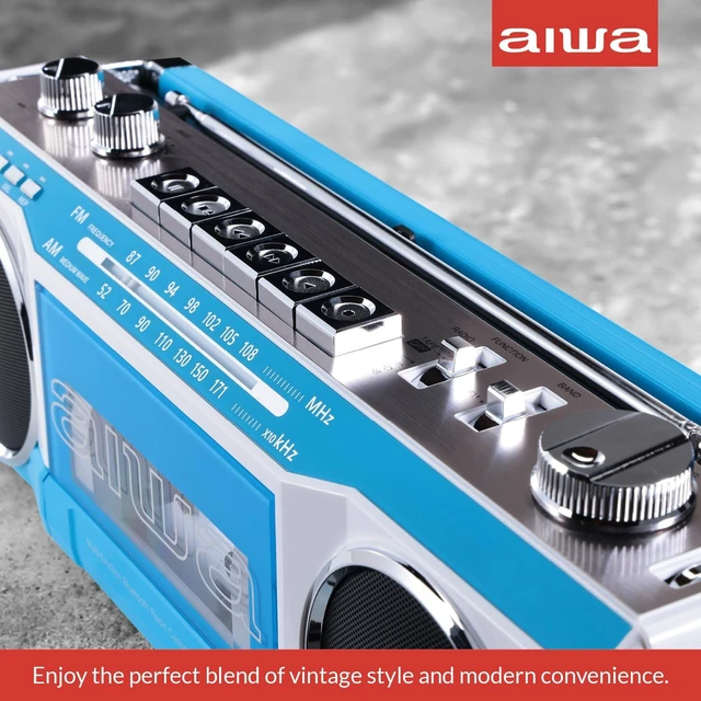 Alt view image 3 of 7 - Streetjam Retro Boombox Cassette Player & Recorder, Bluetooth 5.3 Wireless Speaker, FM/AM Radio, USB/SD MP3, AUX, Portable Handle (Blue/White)