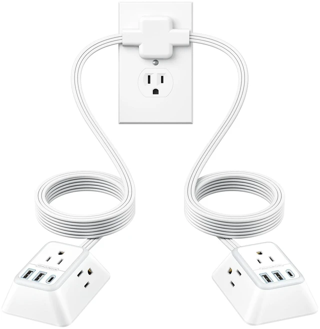 Main image of Split Extension Cord 12FT, Twin Extension Cord Splitter with 3 AC Outlets on Each Side, 2 USB-A & 1 USB-C, Flat Plug Double Extension Cord for Behind Sofa Nightstands