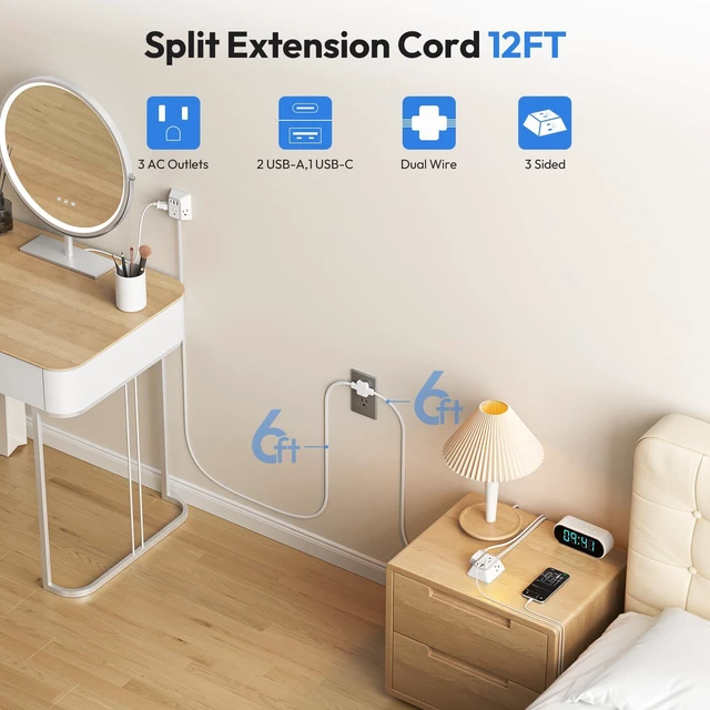 Alt view image 2 of 7 - Split Extension Cord 12FT, Twin Extension Cord Splitter with 3 AC Outlets on Each Side, 2 USB-A & 1 USB-C, Flat Plug Double Extension Cord for Behind Sofa Nightstands